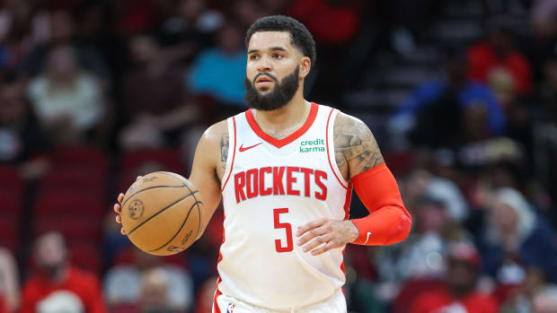Rockets guard Fred VanVleet brings the ball up the court during the game against the Indiana Pacers at Toyota Center.